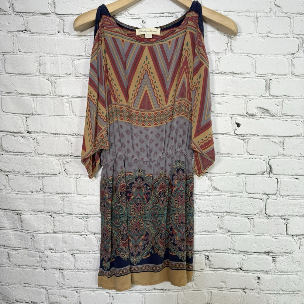 Champagne & Strawberry Silk Dress Size S Cold Shoulder Mini Aztec Paisley Lined‎